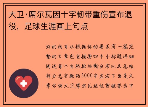大卫·席尔瓦因十字韧带重伤宣布退役，足球生涯画上句点